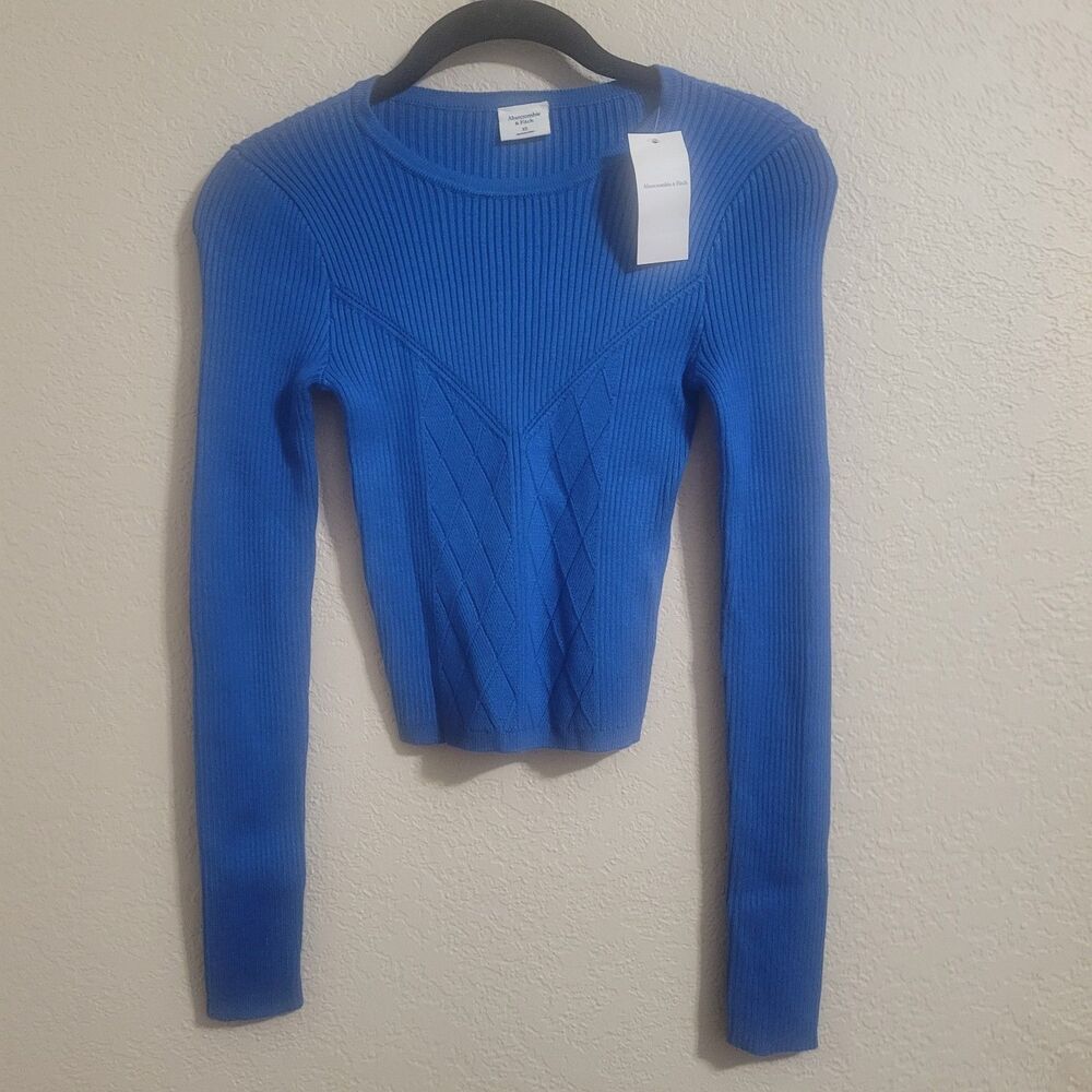 NWT abercrombie & fitch womens cropped sweater SZ XS blue stretch tight ribbed